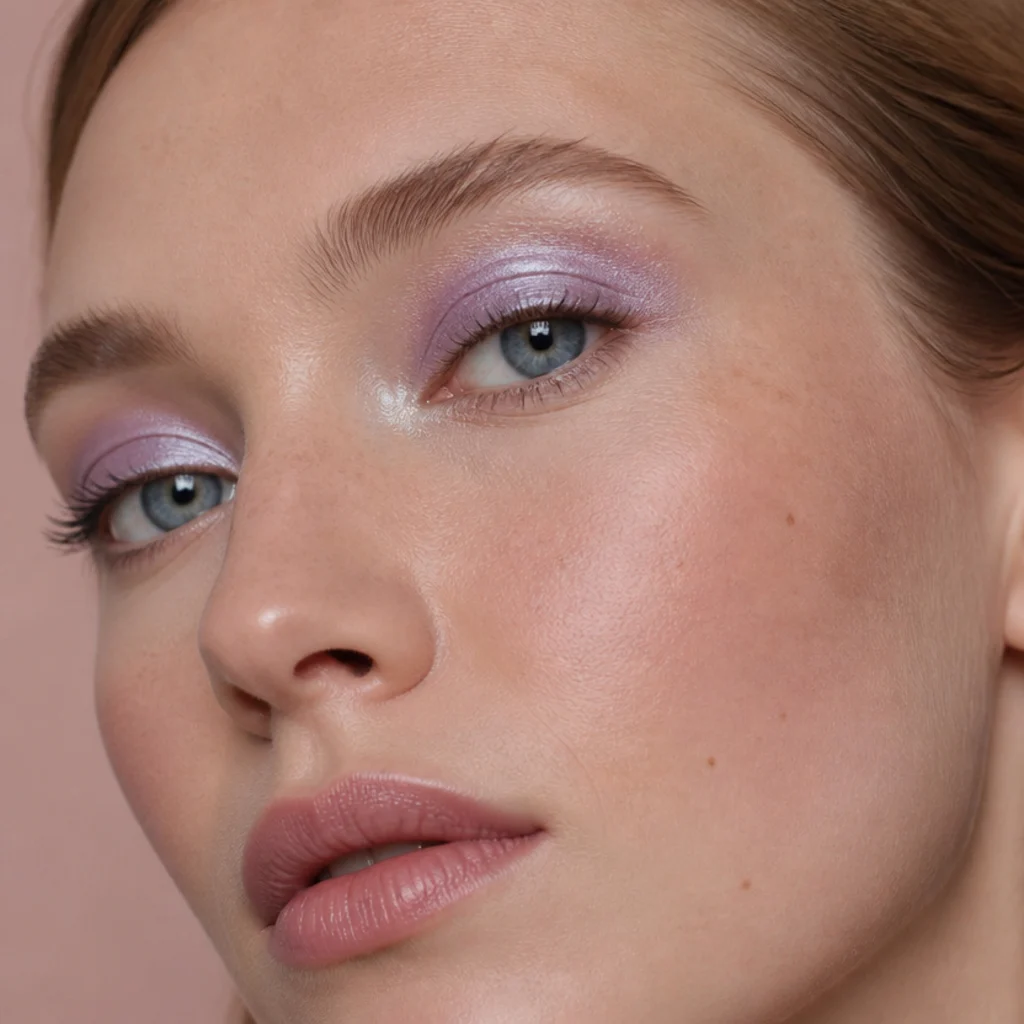 Close three-quarter view of frosted lilac shimmer swept across the lid with silvery inner-corner highlight