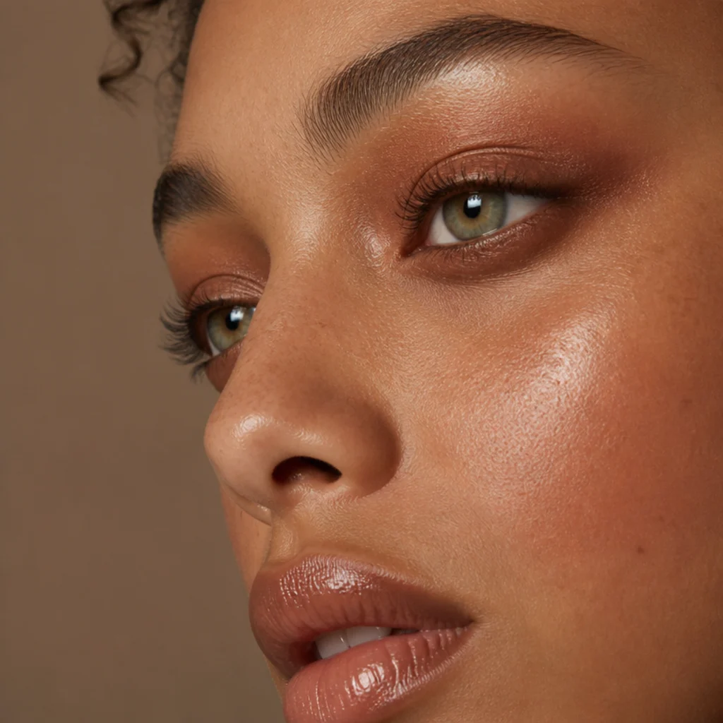 Side angle with smoky copper shadow blended around the eye and diffused along the lower lash line