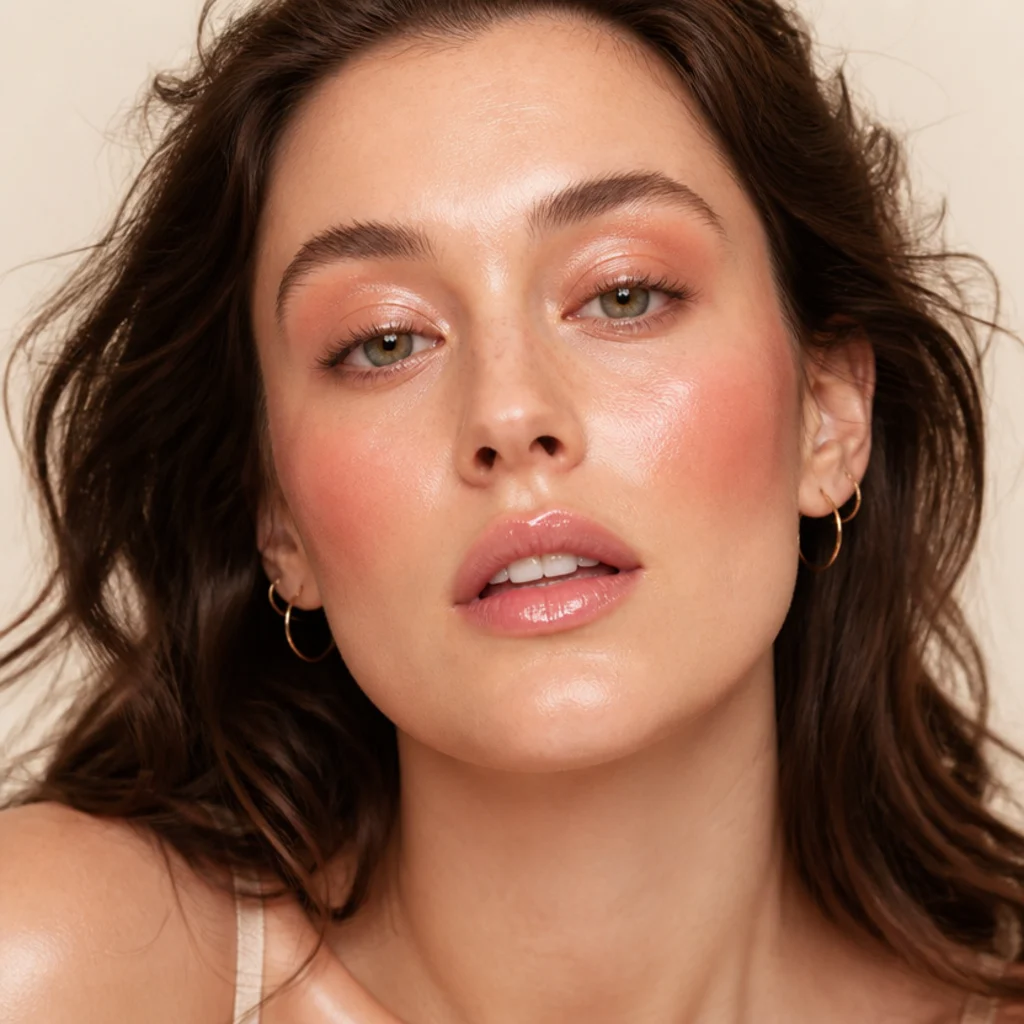 Front view with luminous peach cheeks, glossy skin, and soft peach shimmer washed across the lids