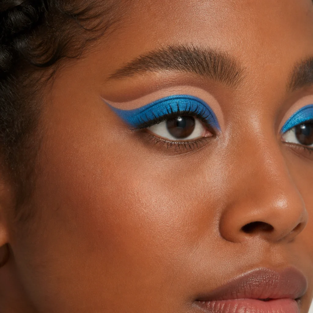Three-quarter view of a defined cut crease in bright seventies blue with a clean sharp edge against a neutral crease