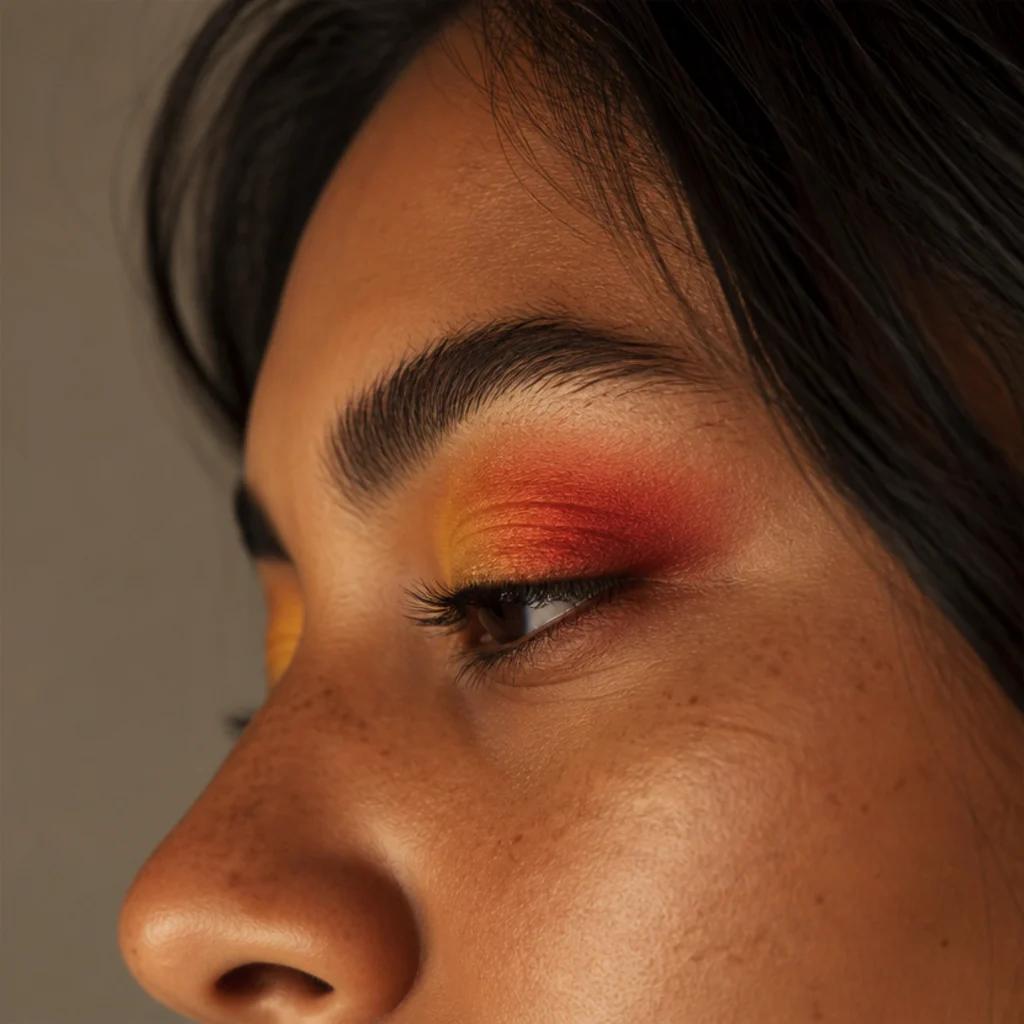 Side profile showing a gradient from yellow-gold at the inner lid to deep red-orange at the outer corner