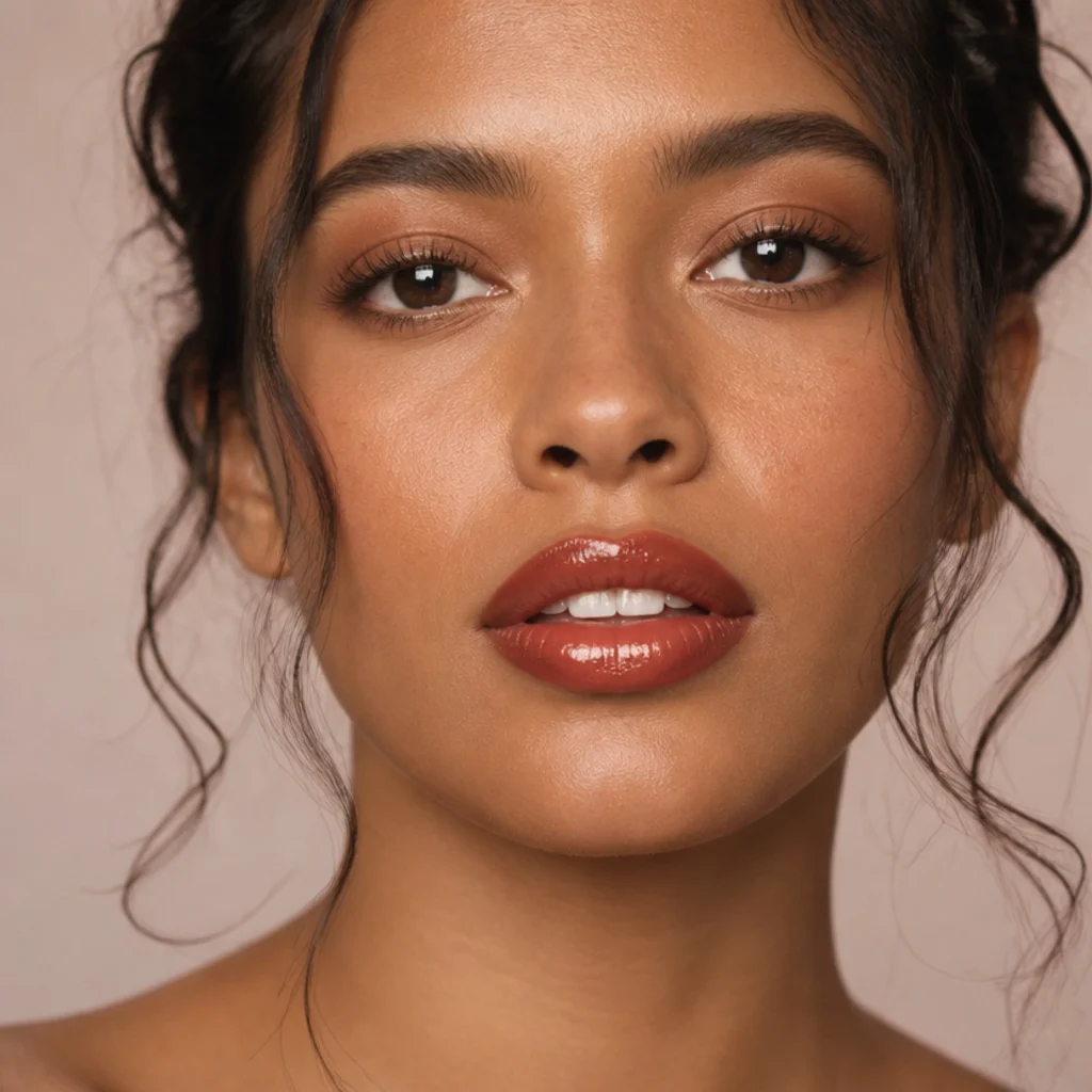 Front view emphasizing a glossy brick-red lip with soft bronze eyes and clean luminous skin
