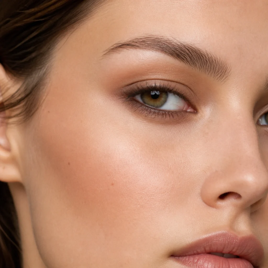 Close three-quarter view of soft feathered brown liner smudged along the upper and lower lash lines