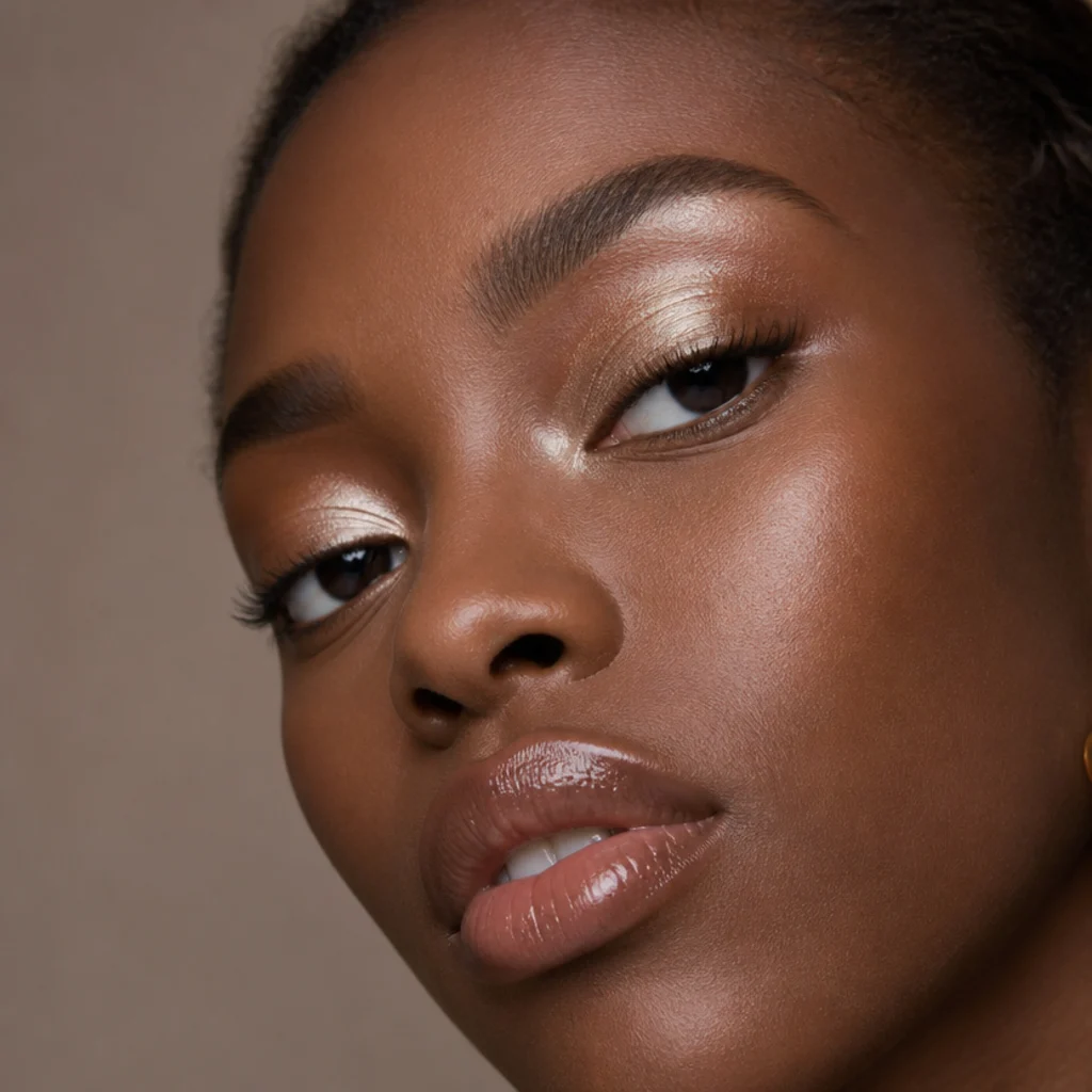 Three-quarter angle highlighting bright champagne shimmer in the inner corners against a soft neutral lid