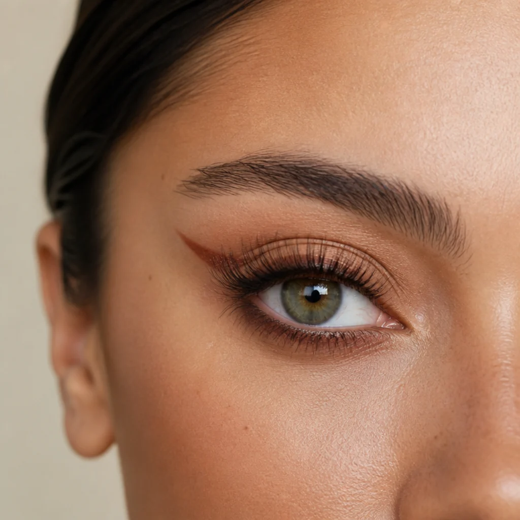 Side view of a rust-colored winged liner paired with full fluttery false lashes
