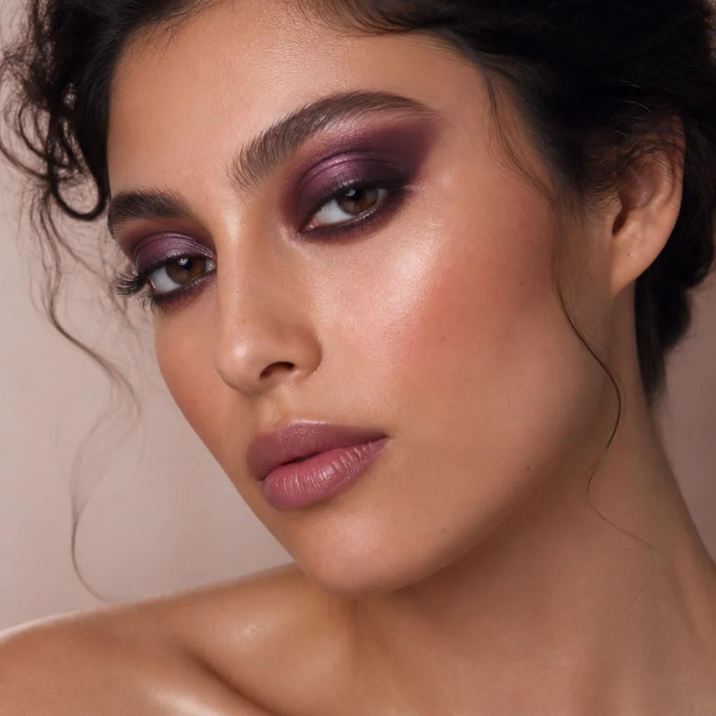Three-quarter view of a rich plum smoky eye blended up toward the brow with soft edges