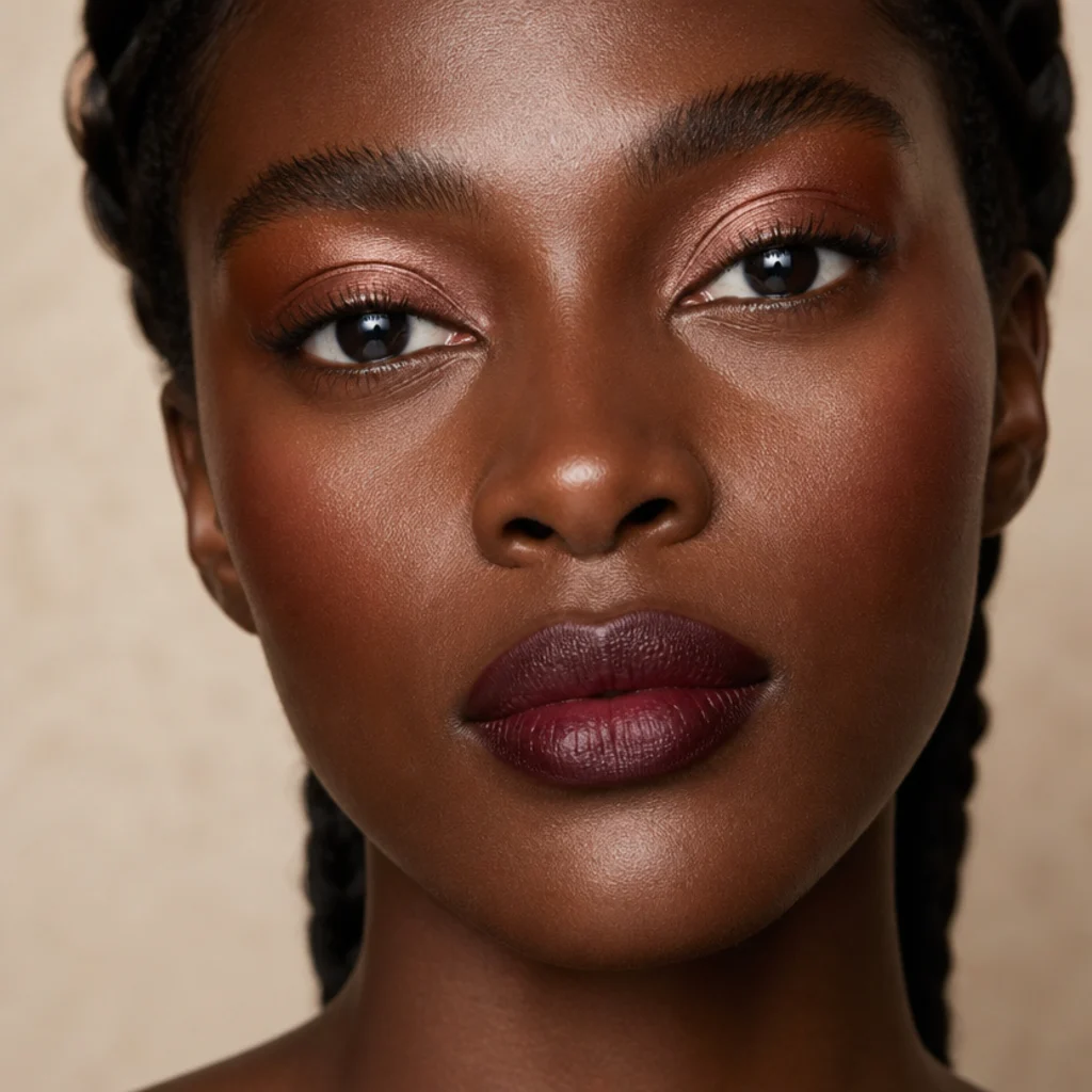 Front view combining bronze shimmer eyes with a deep berry stained lip on glowing skin