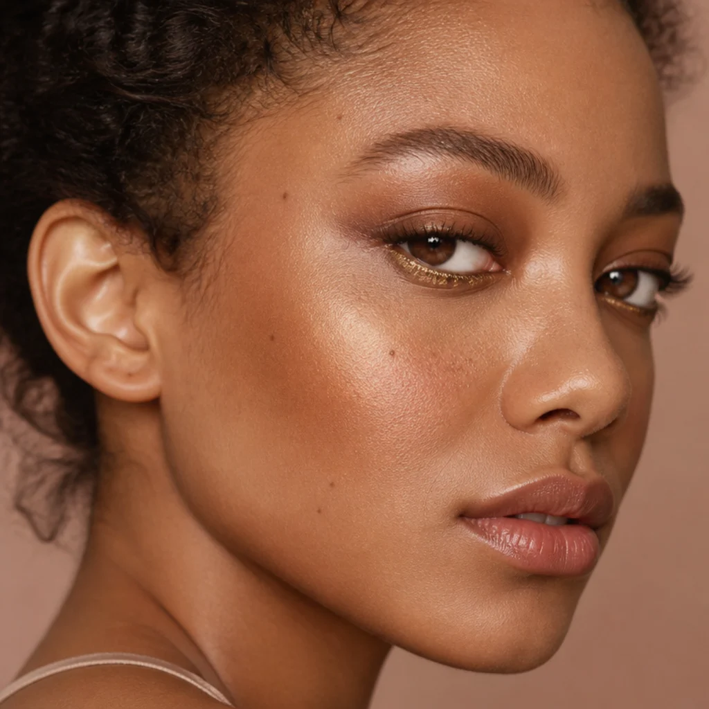 Side angle spotlighting a line of metallic gold shimmer traced along the lower lash line