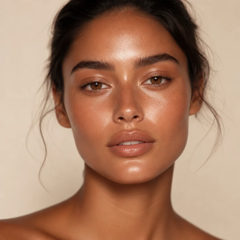 Front view of a soft warm-nude eye and lip with luminous bronzed skin and no harsh lines