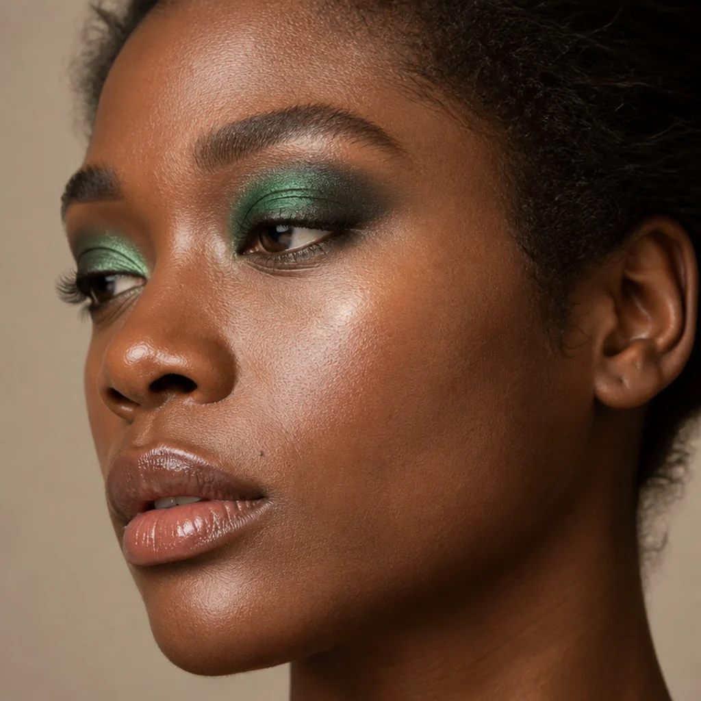Three-quarter view of emerald-green shimmer packed on the lid with a softly blended forest-green edge