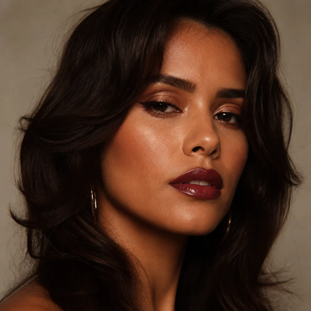Model with bronzed disco-era eyeshadow, glossy berry lip, and feathered hair in warm studio light