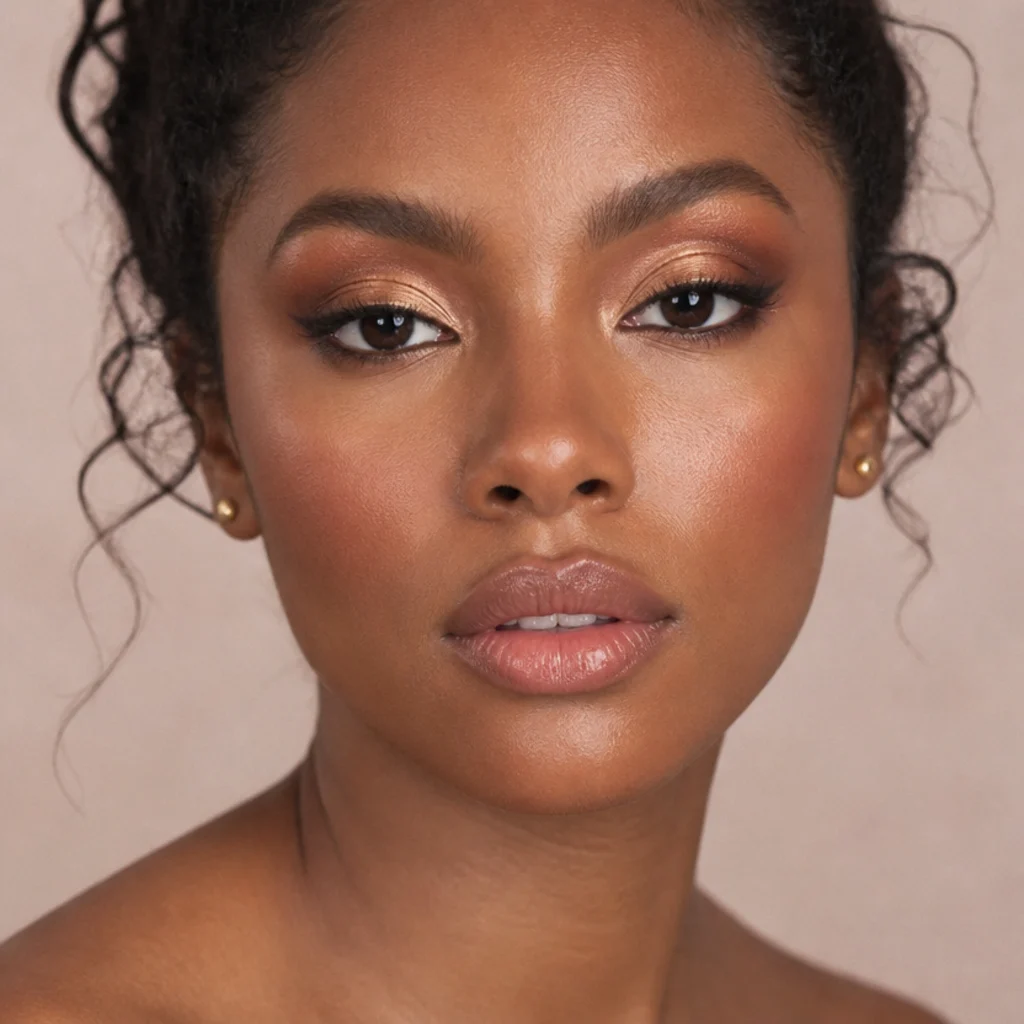 Front-facing model with warm bronze shadow blended up and out, fine gold glitter on the center lid, soft foxy tail catching light