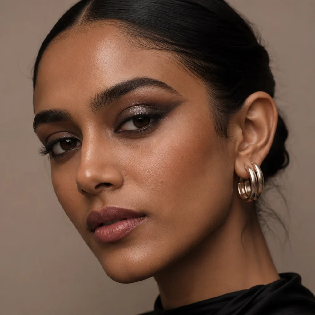 Three-quarter view of a smoky charcoal foxy eye with a lifted wing and silver glitter concentrated on the outer half of the lid