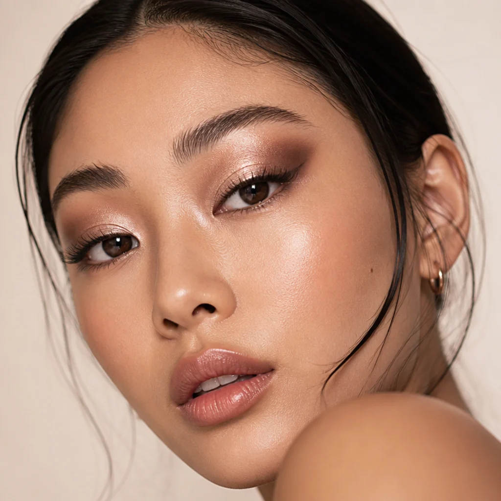 Model with a wide open big foxy eye, dark outer corners and a bright glitter halo in the center of the lid