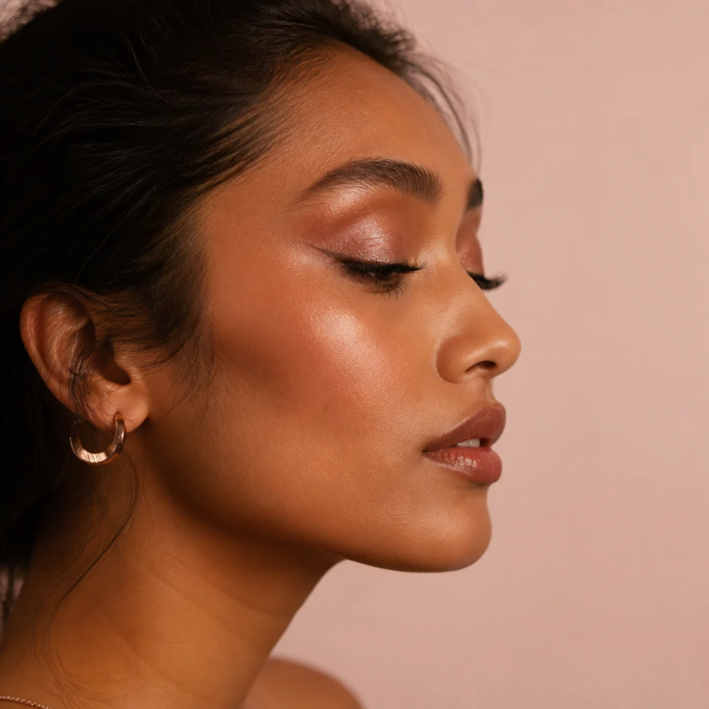 Side-angle model with rose-gold glitter foxy eye, peachy blended crease and a delicate upward flick