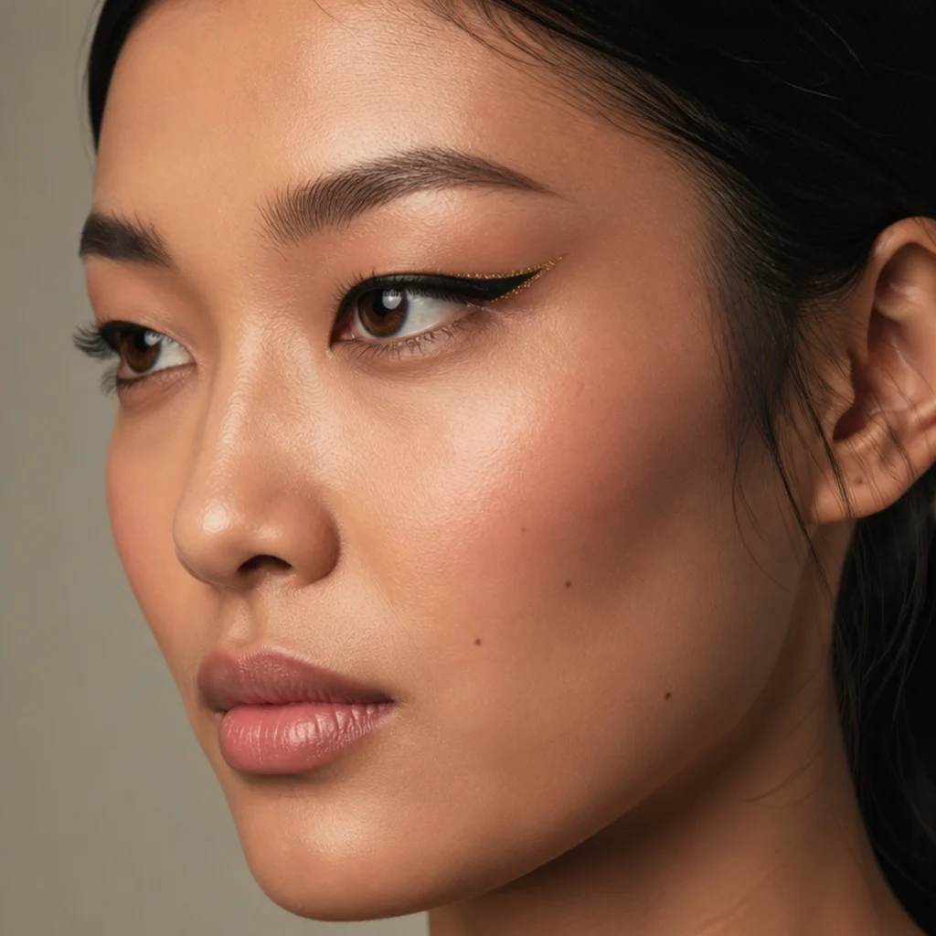 Close three-quarter view of foxy eyeliner on hooded eyes, wing drawn upward with eye open, gold glitter tapped over the liner