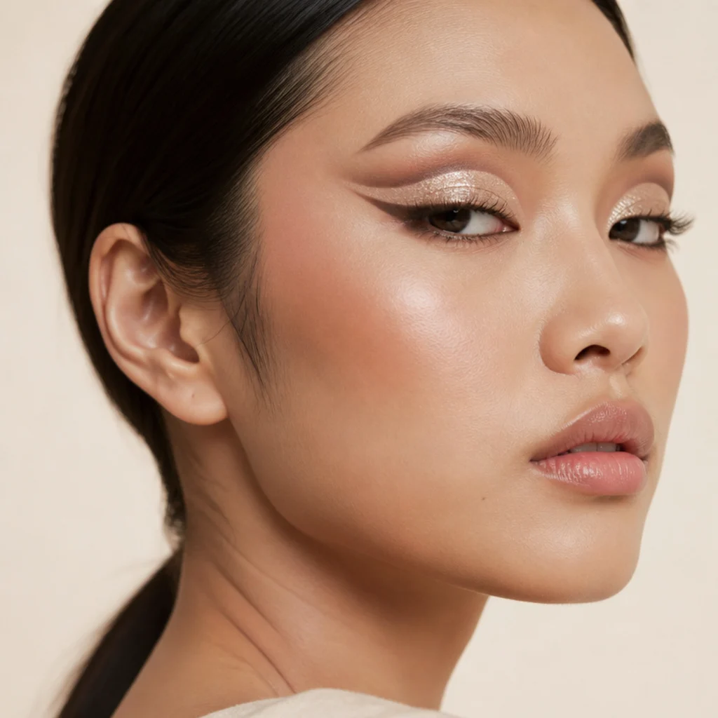Model with a defined cut crease foxy eye, champagne glitter on the lid and a crisp shadow line lifted toward the temple