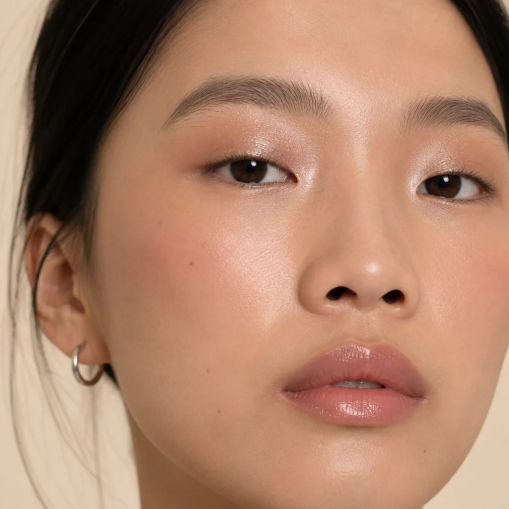 Front-facing monolid model with glitter floated above the lash line so it shows when the eye is open, soft lifted outer shadow