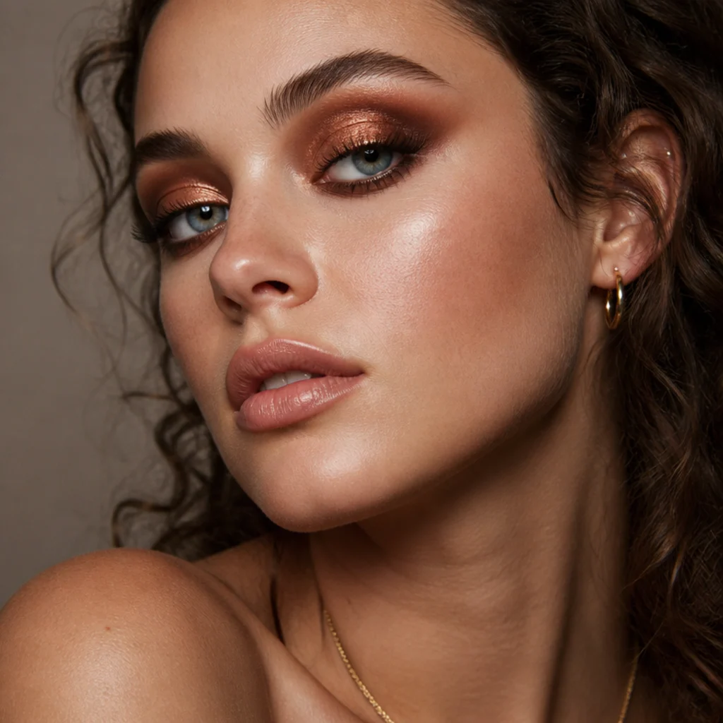 Side view of a warm copper smoky foxy eye with penny-toned glitter packed on the lid and a diffused lifted edge
