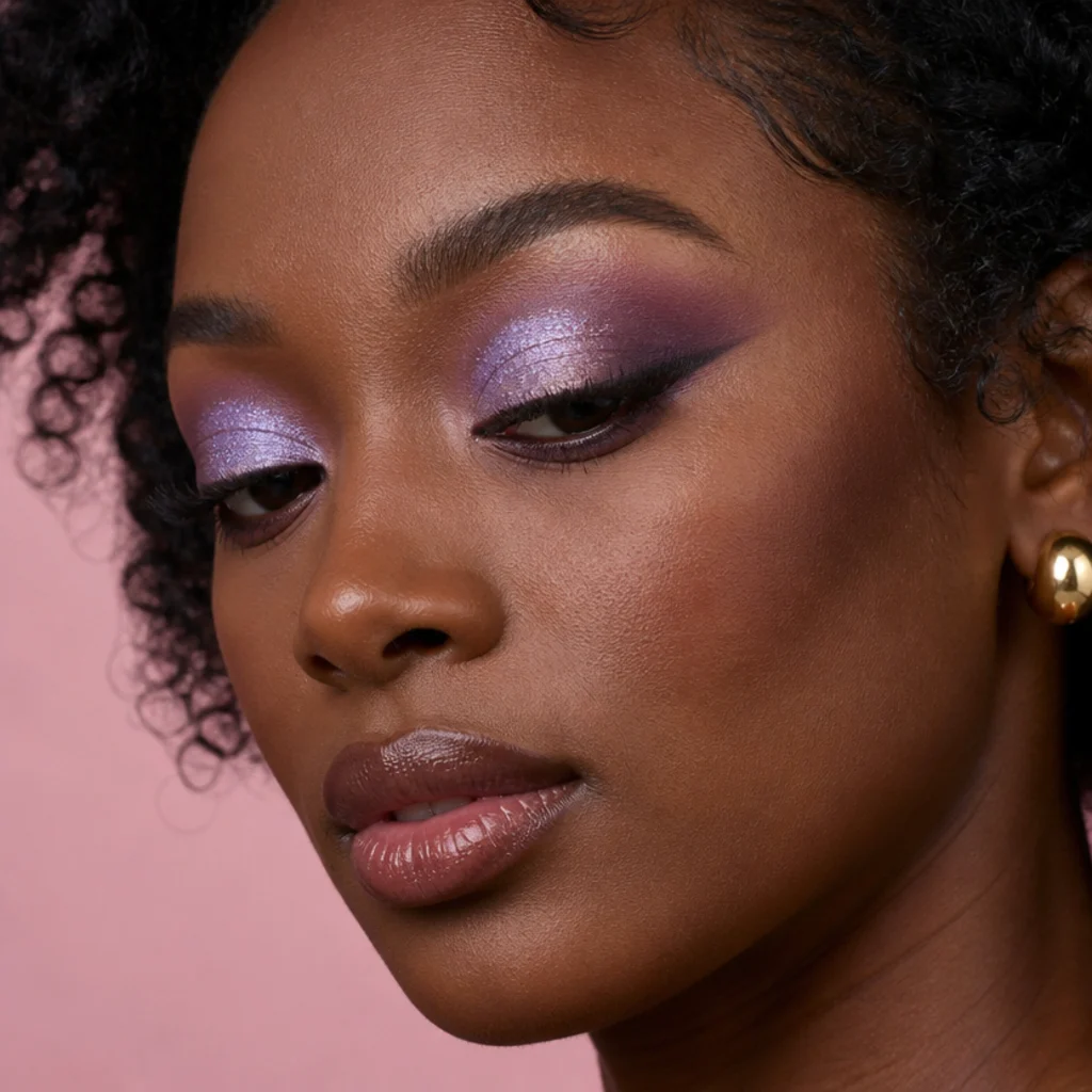 Model with a cool lavender foxy eye, icy silver-lilac glitter on the lid and a lifted mauve outer corner
