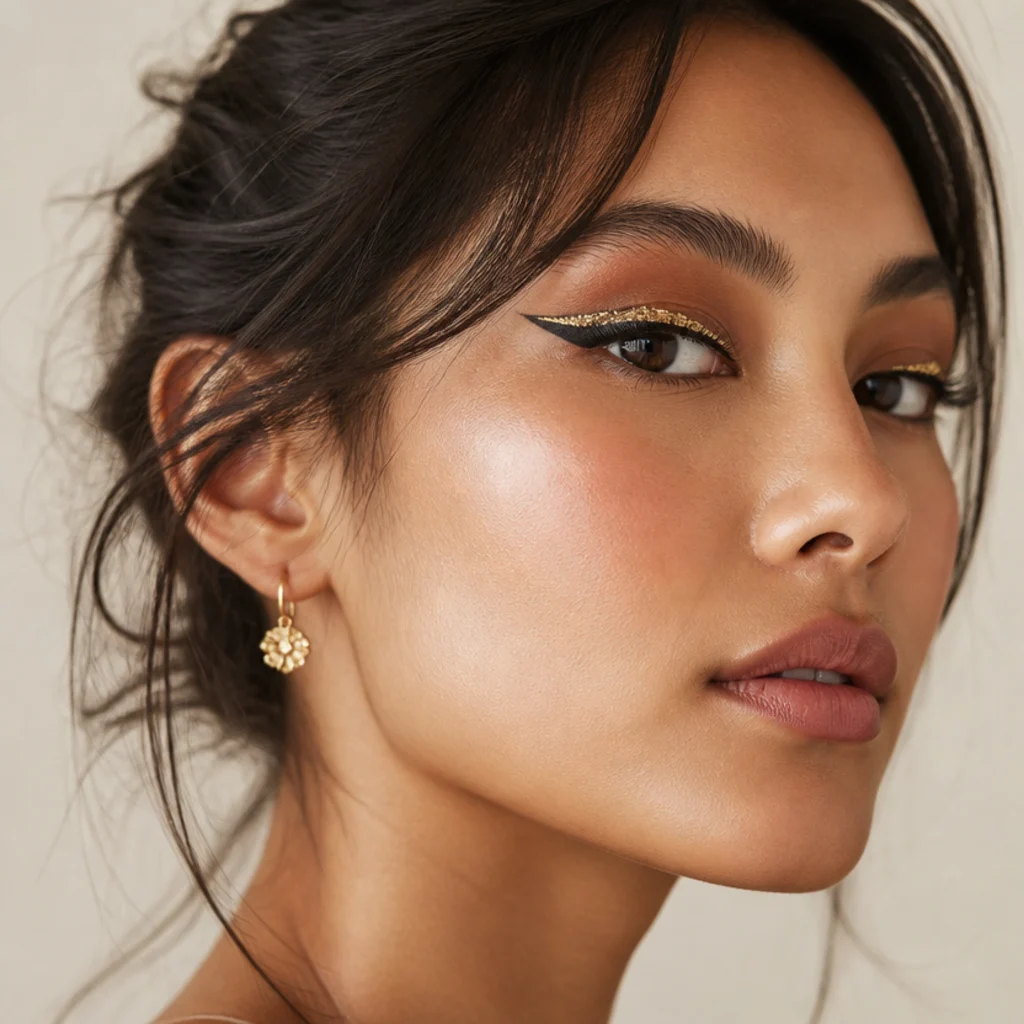 Three-quarter model with a bold graphic foxy flick in black liner topped with gold foil glitter, clean lifted line