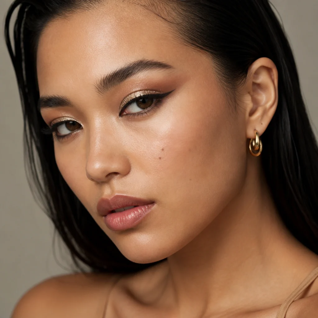 Model with an elongated eye blending siren and foxy shapes, smoked lower lash line and glitter pulled long toward the temple
