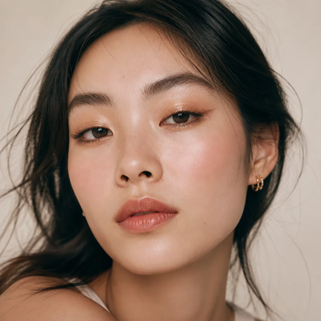 Front-facing model with bronze glitter wrapped along the lower lash line to meet a lifted upper outer corner