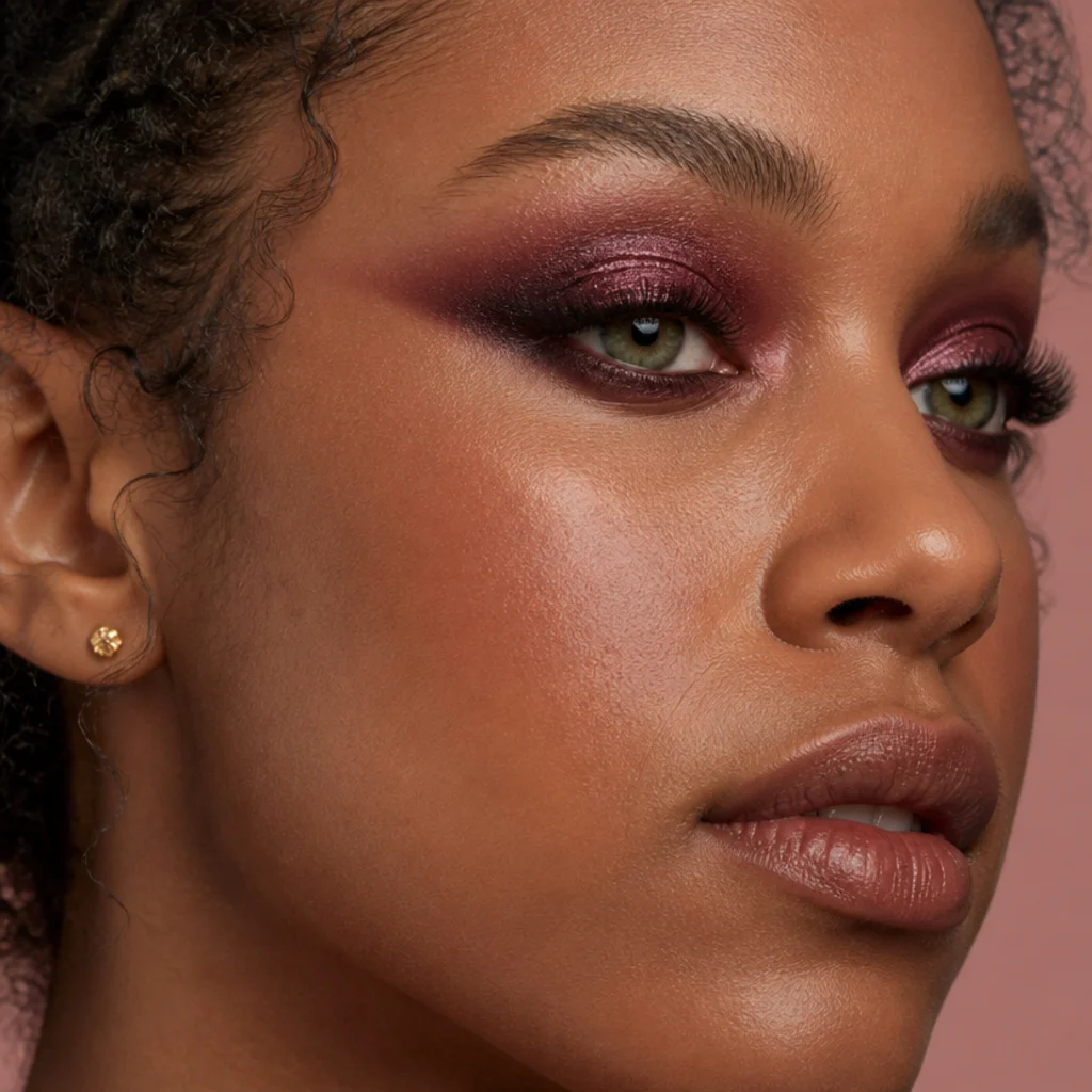 Side-angle model with a deep plum foxy eye, berry-toned glitter on the lid and a lifted smoked outer corner