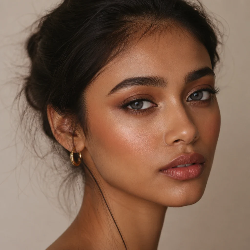 Close model view of a soft neutral foxy lift with a small glitter accent only at the inner corner, understated night look