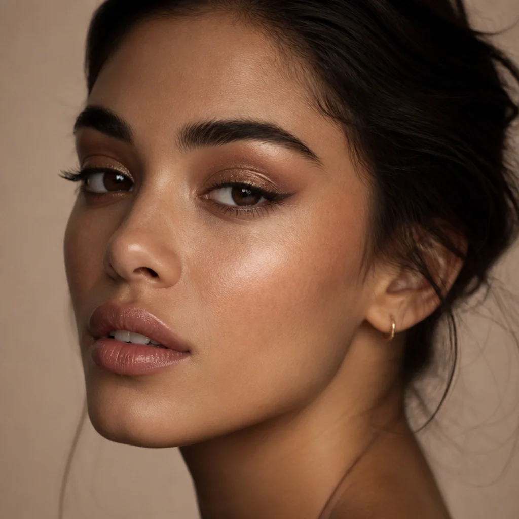 Three-quarter view of a model with lifted glitter foxy eyes, warm bronze shadow and a sharp winged flick, catching studio light