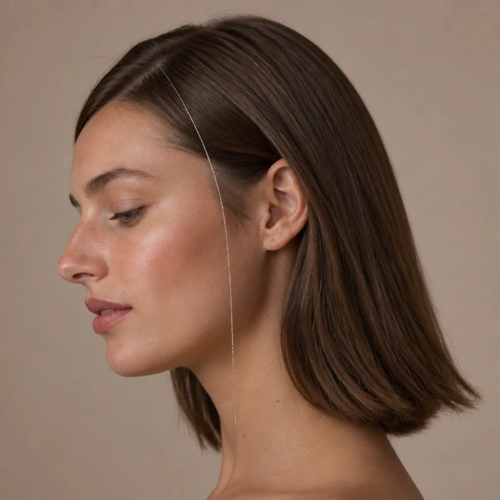 Side view of straight brunette hair with a single champagne tinsel strand falling beside the face at the part where it catches light
