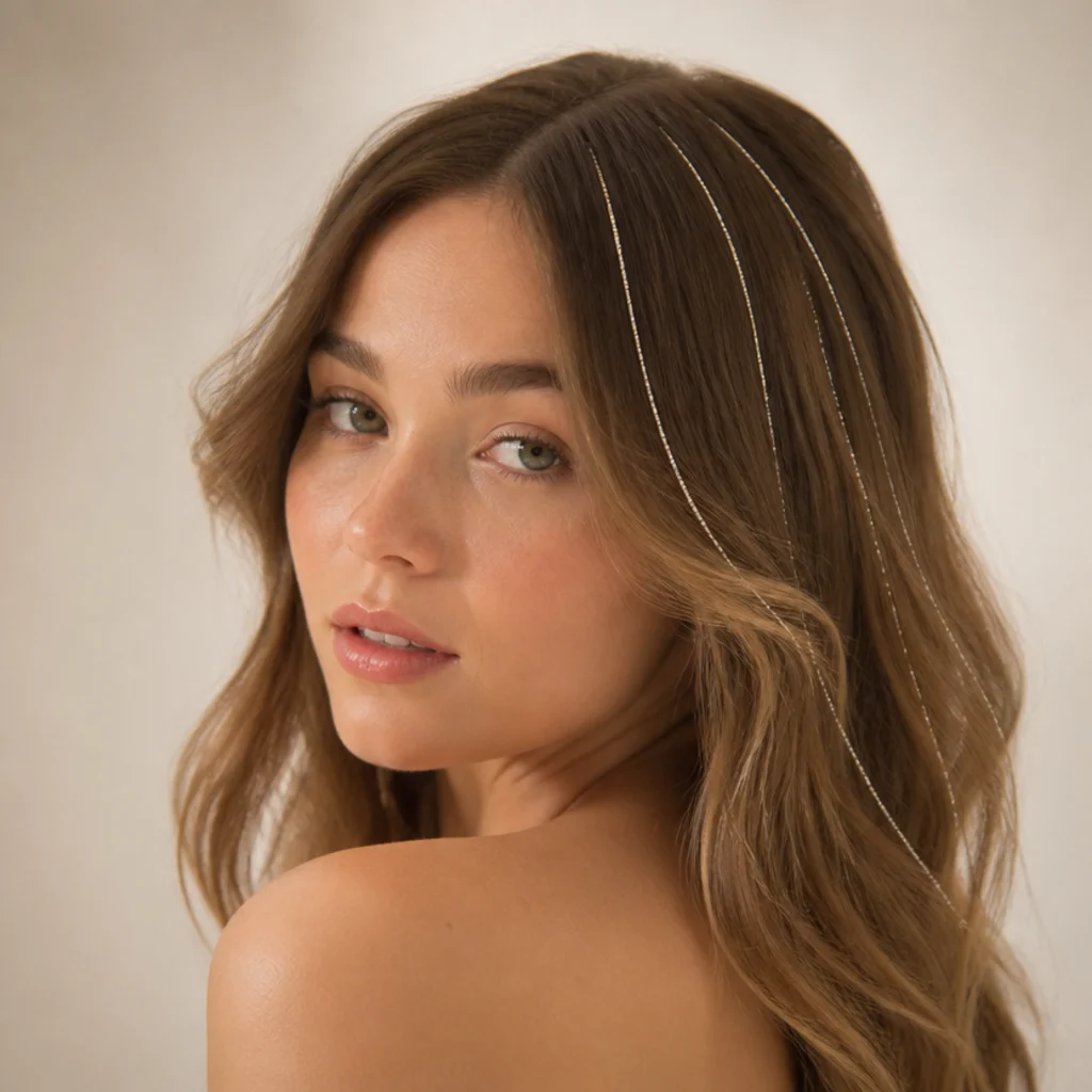 Three-quarter view of loose waves with five unevenly spaced silver tinsel strands scattered across the crown