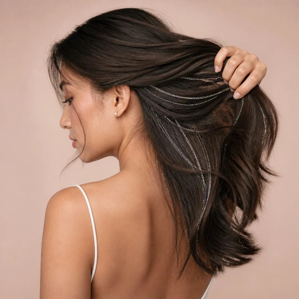 Back-angle view of dark hair lifted at the nape to reveal hidden silver tinsel strands woven through the under-layers