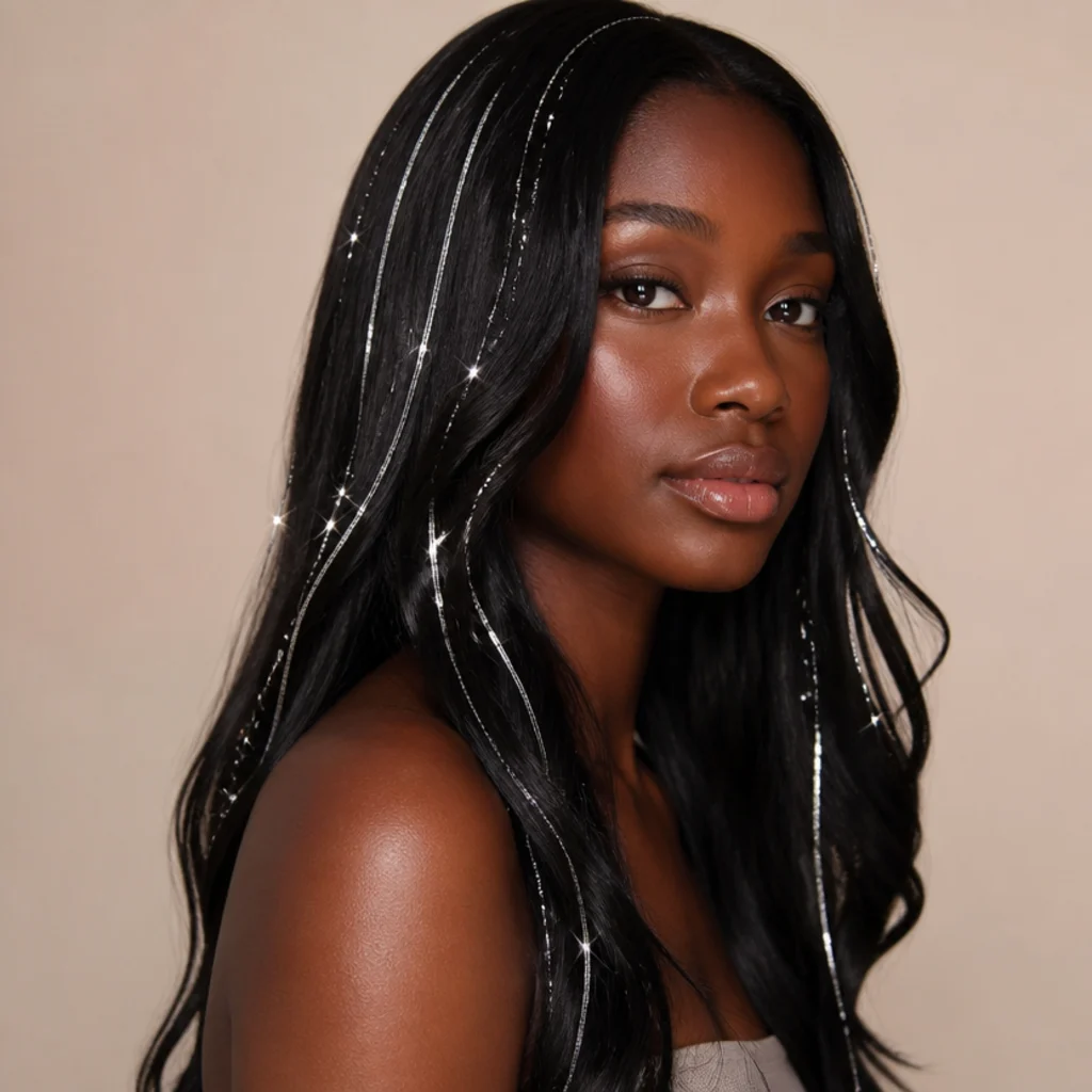 Three-quarter view of deep jet-black hair with crisp silver tinsel strands standing out in high contrast through the mid-lengths