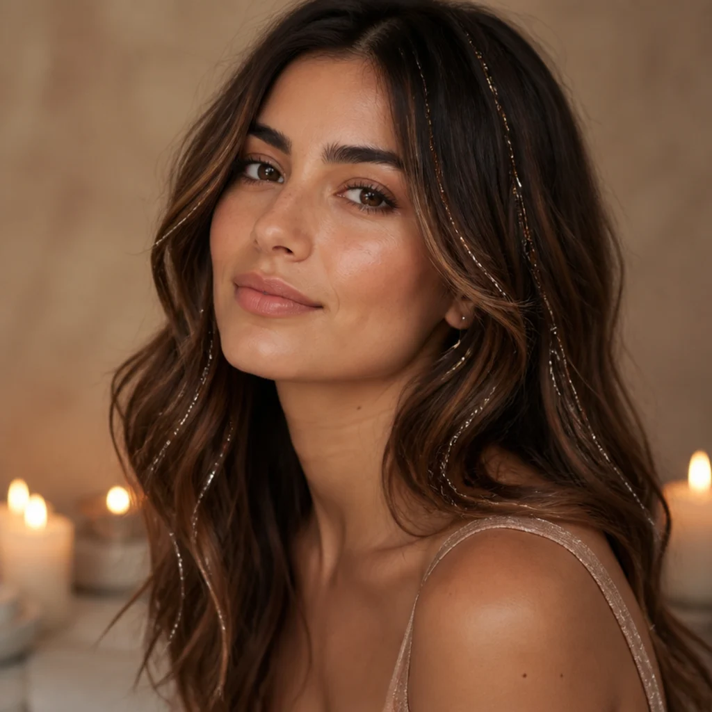 Three-quarter view of warm brown hair with rose-gold tinsel strands glowing softly through the mid-lengths and face-framing pieces