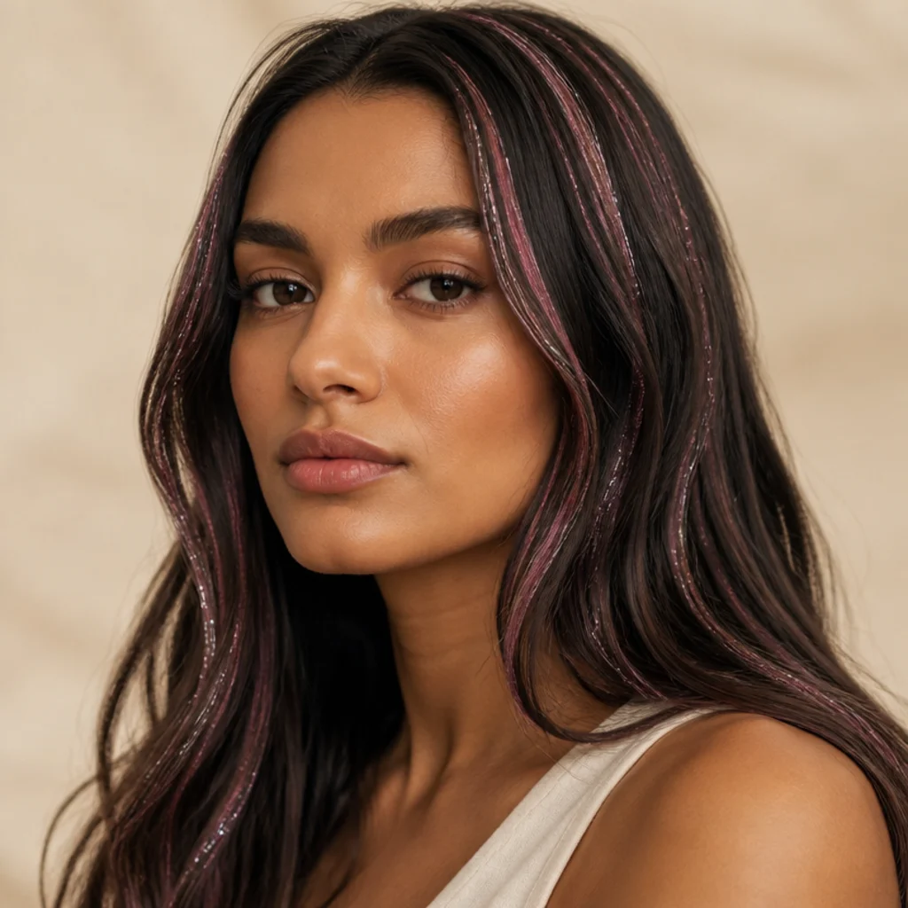 Three-quarter view of dark hair scattered with soft blush-pink tinsel strands through the crown and around the face