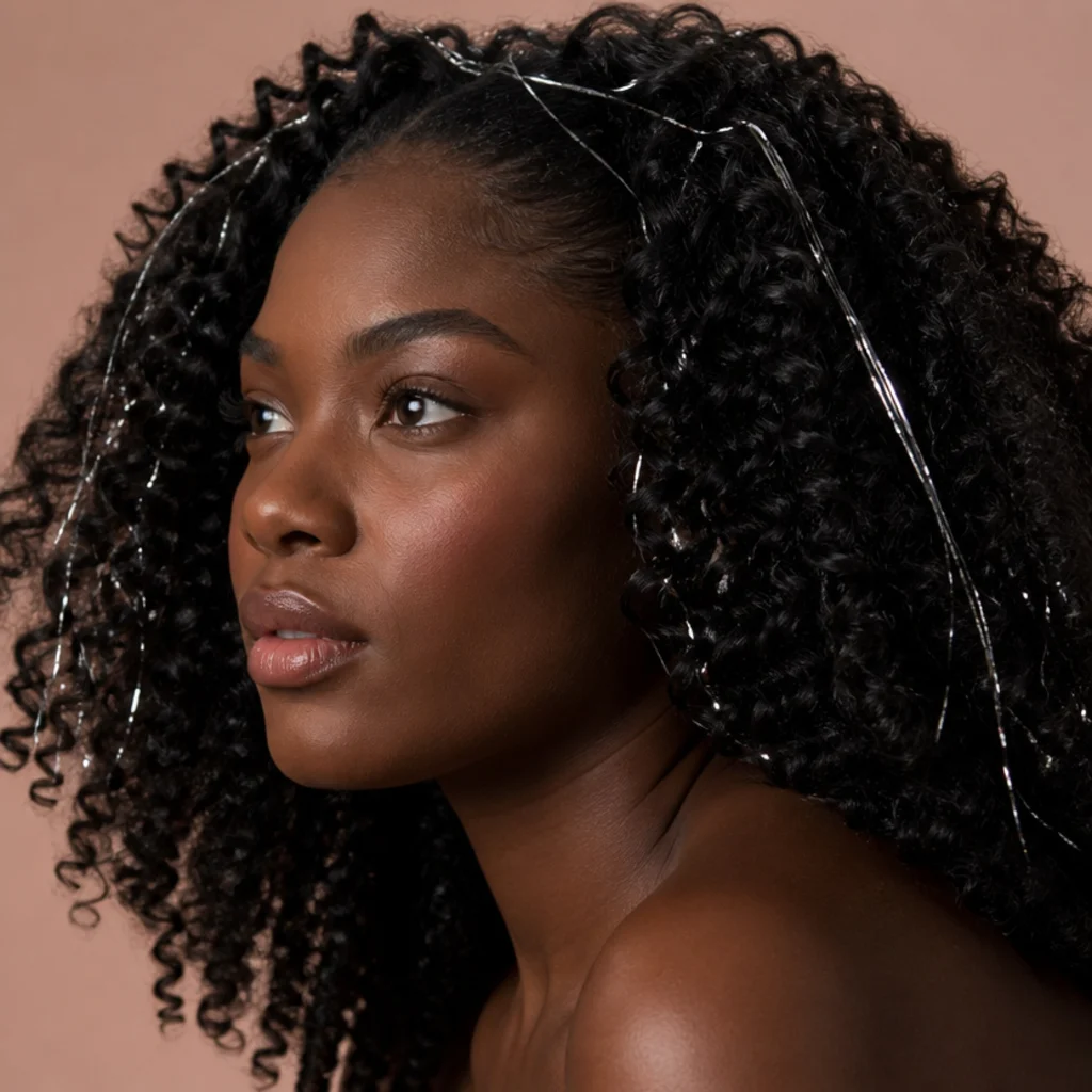 Three-quarter view of voluminous defined curls with silver tinsel winding through the coils to create a shimmering halo