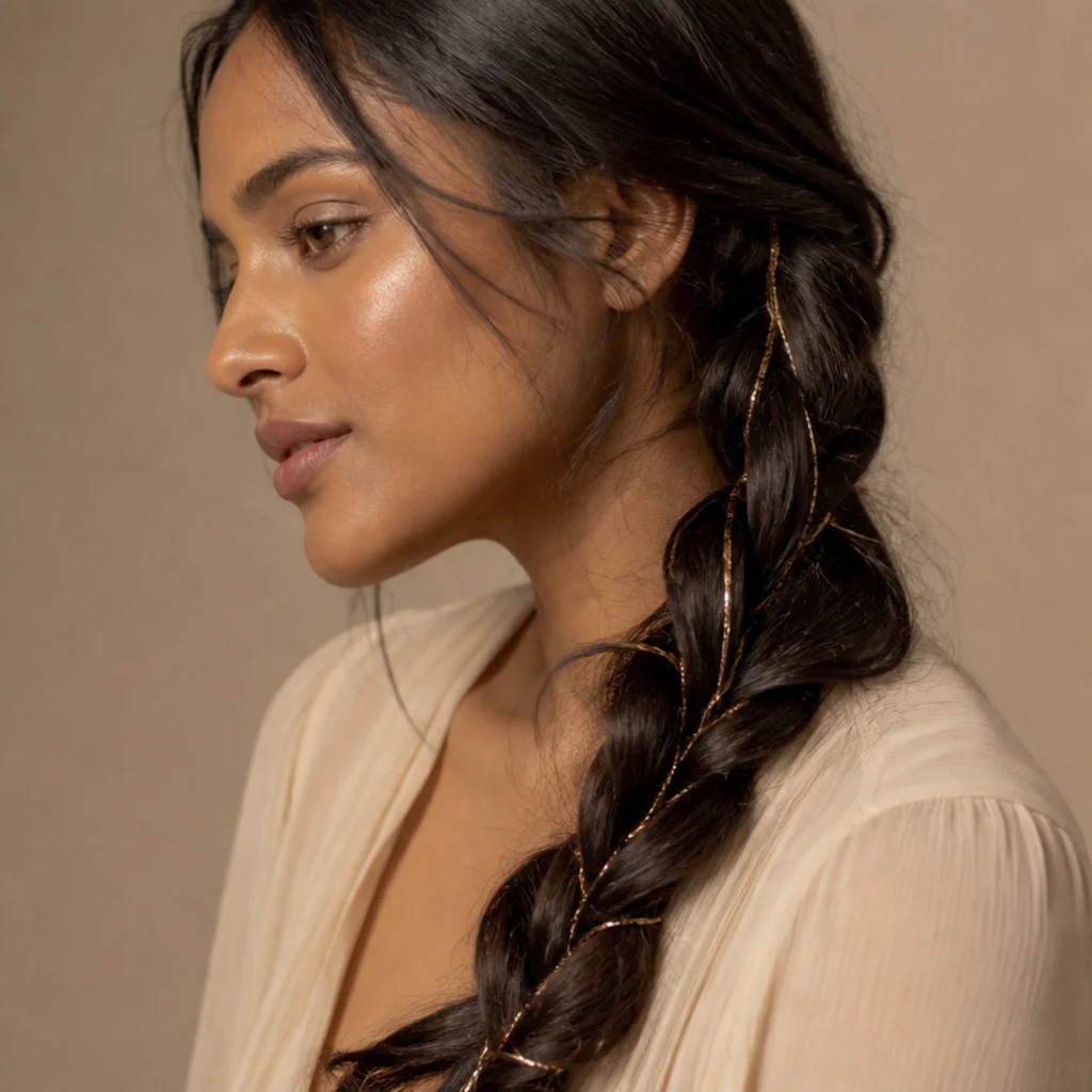 Side view of a loose side braid with gold tinsel peeking out between the plaited sections along the length