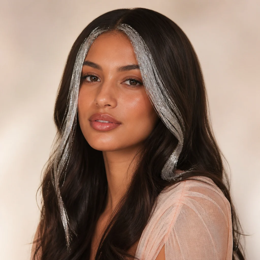 Front three-quarter view of dark hair with silver tinsel concentrated on the two front money-piece sections that frame the face