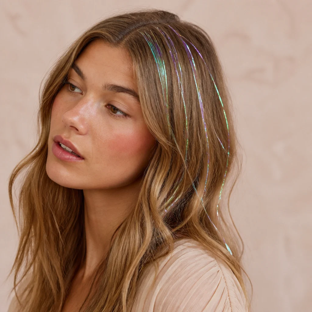 Three-quarter view of light blonde hair with iridescent opal tinsel shifting between pale pink, lilac, mint and silver as it moves