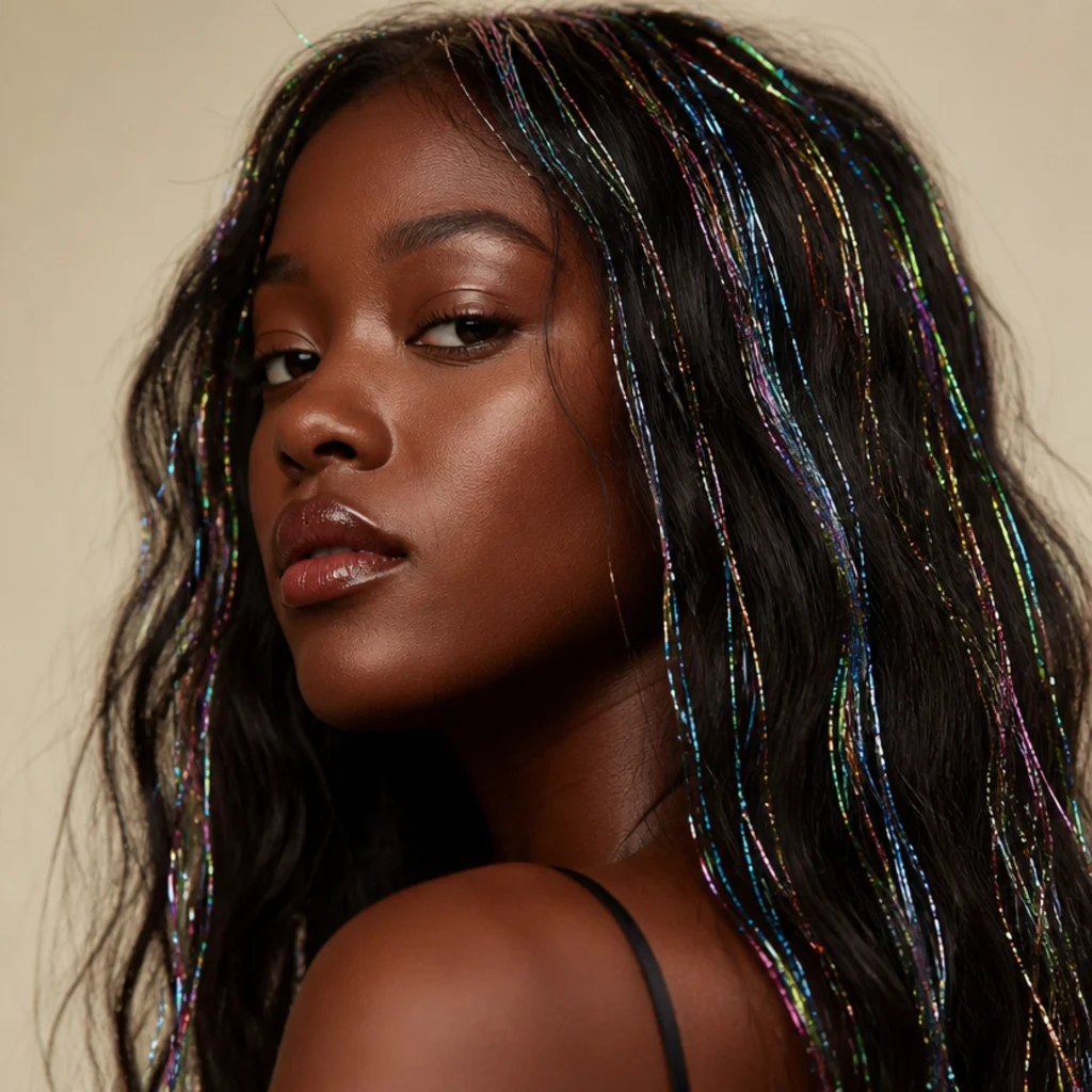 Three-quarter view of black hair scattered with bright multicolor holographic tinsel strands popping in high contrast