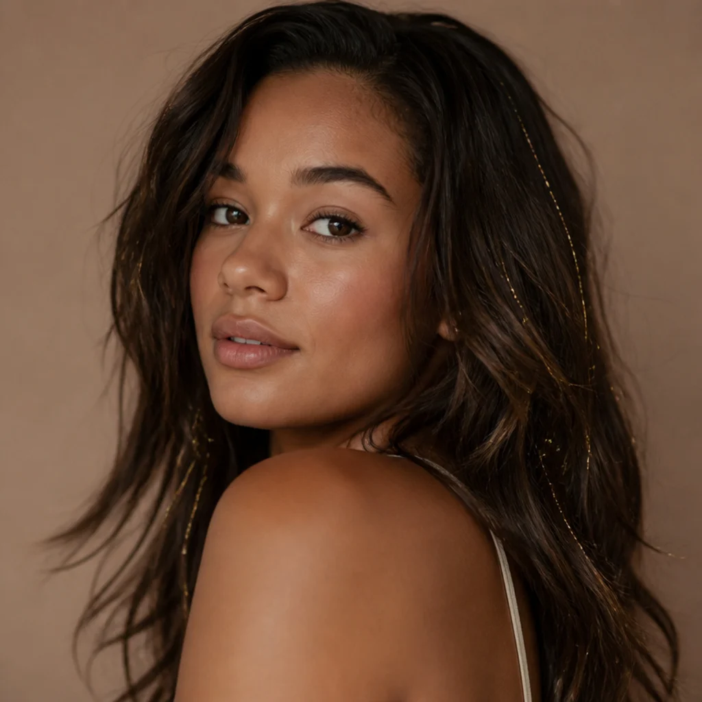Three-quarter view of deep brunette hair with warm gold tinsel glinting through the mid-lengths and ends in candlelight
