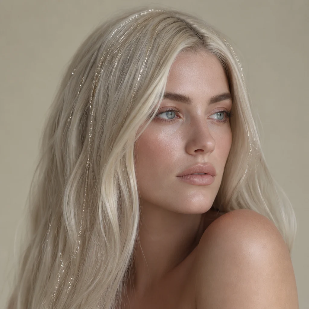 Three-quarter view of platinum blonde hair with pearl and silver tinsel creating an icy frosted shine that blends with the base