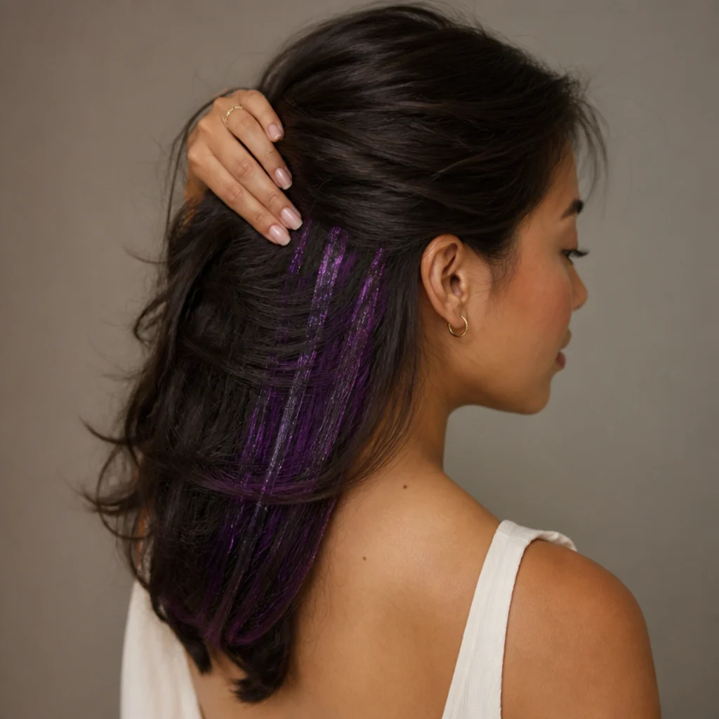 Back-angle view of dark hair lifted to reveal jewel-toned purple tinsel tucked into the under-layers
