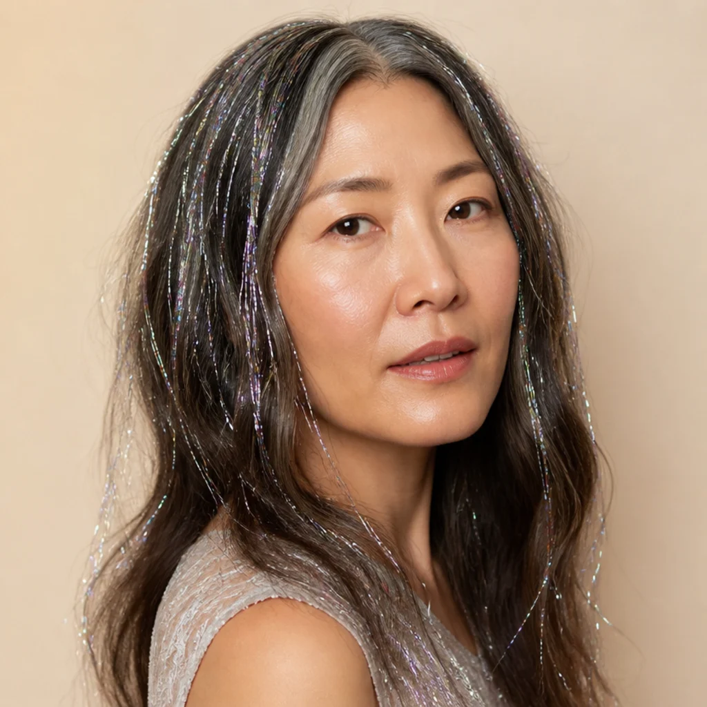 Three-quarter view of loose waves with dense all-over silver tinsel shimmering from every angle for a festival look