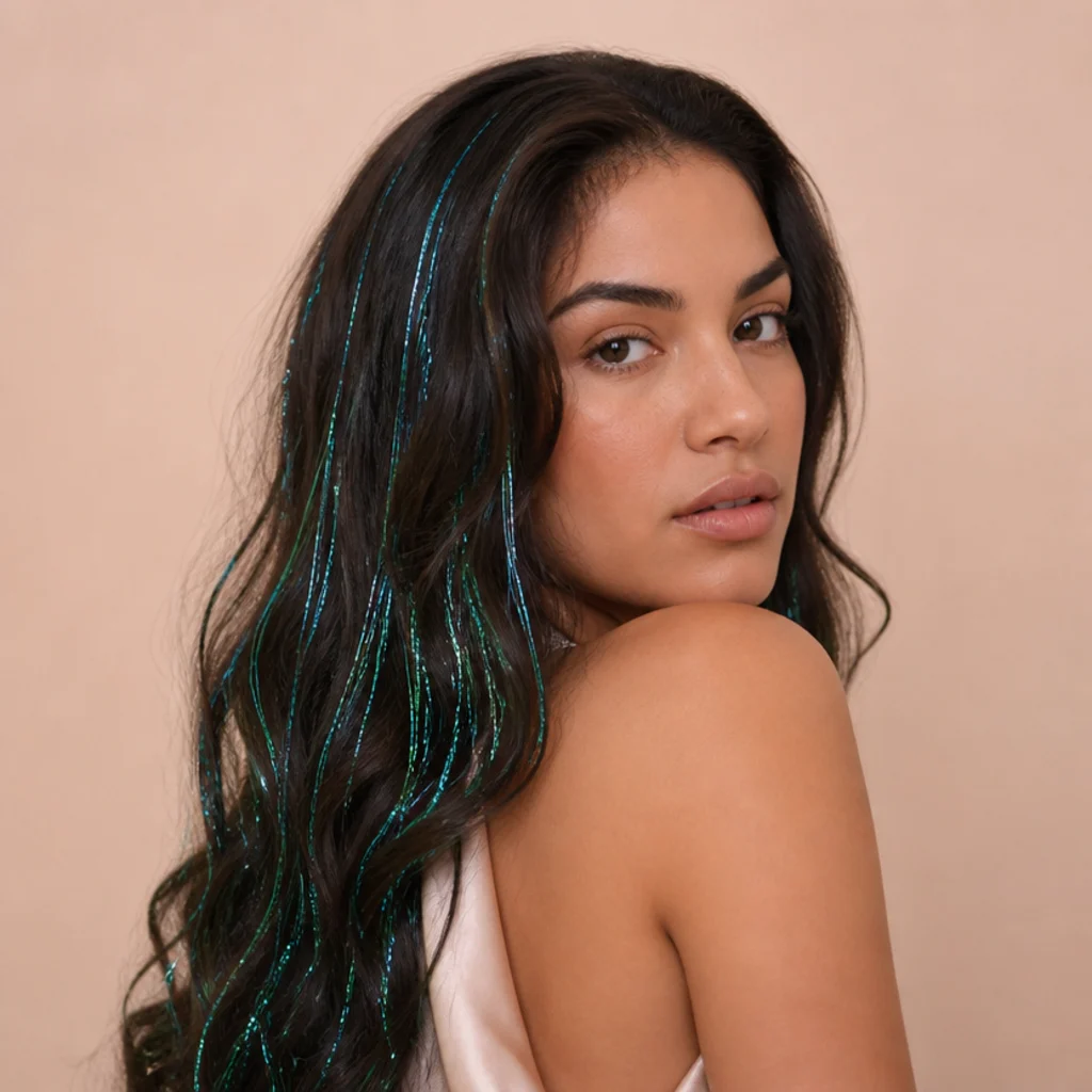 Three-quarter view of dark hair with mixed blue and green tinsel giving an oceanic mermaid shimmer concentrated toward the ends