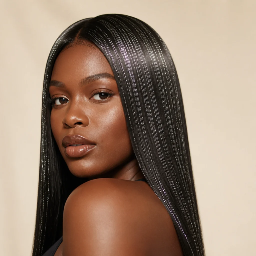 Three-quarter view of sleek dark hair with dense single-tone silver tinsel creating an all-over glass shine that looks lit from within
