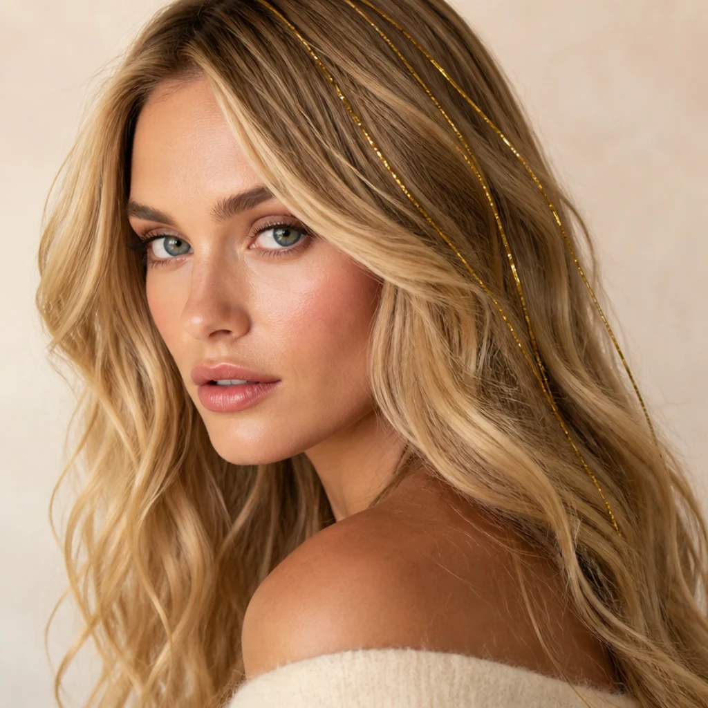 Blonde model with soft loose barrel waves and thin gold tinsel strands catching light across the crown, three-quarter angle