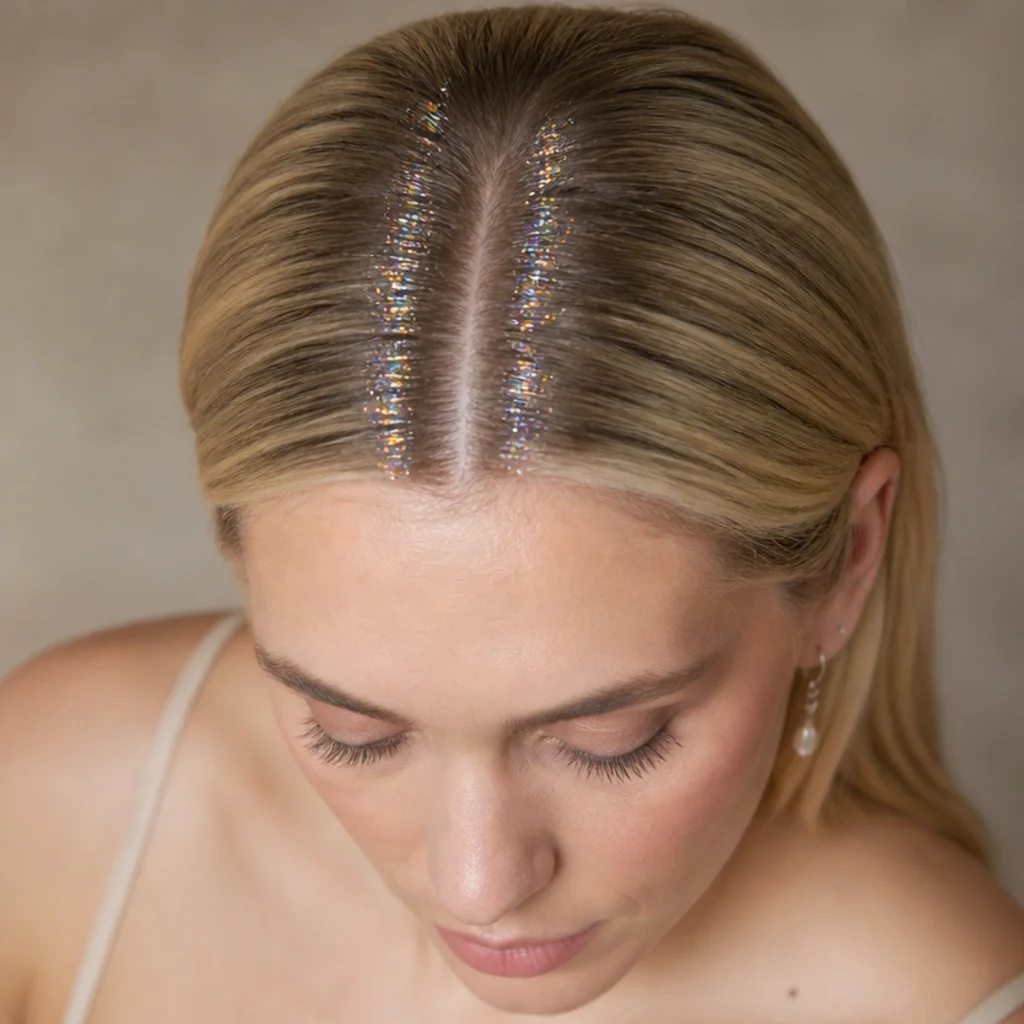 Blonde center-part hairstyle with clear iridescent diamond tinsel lining the parting like a halo, overhead angle