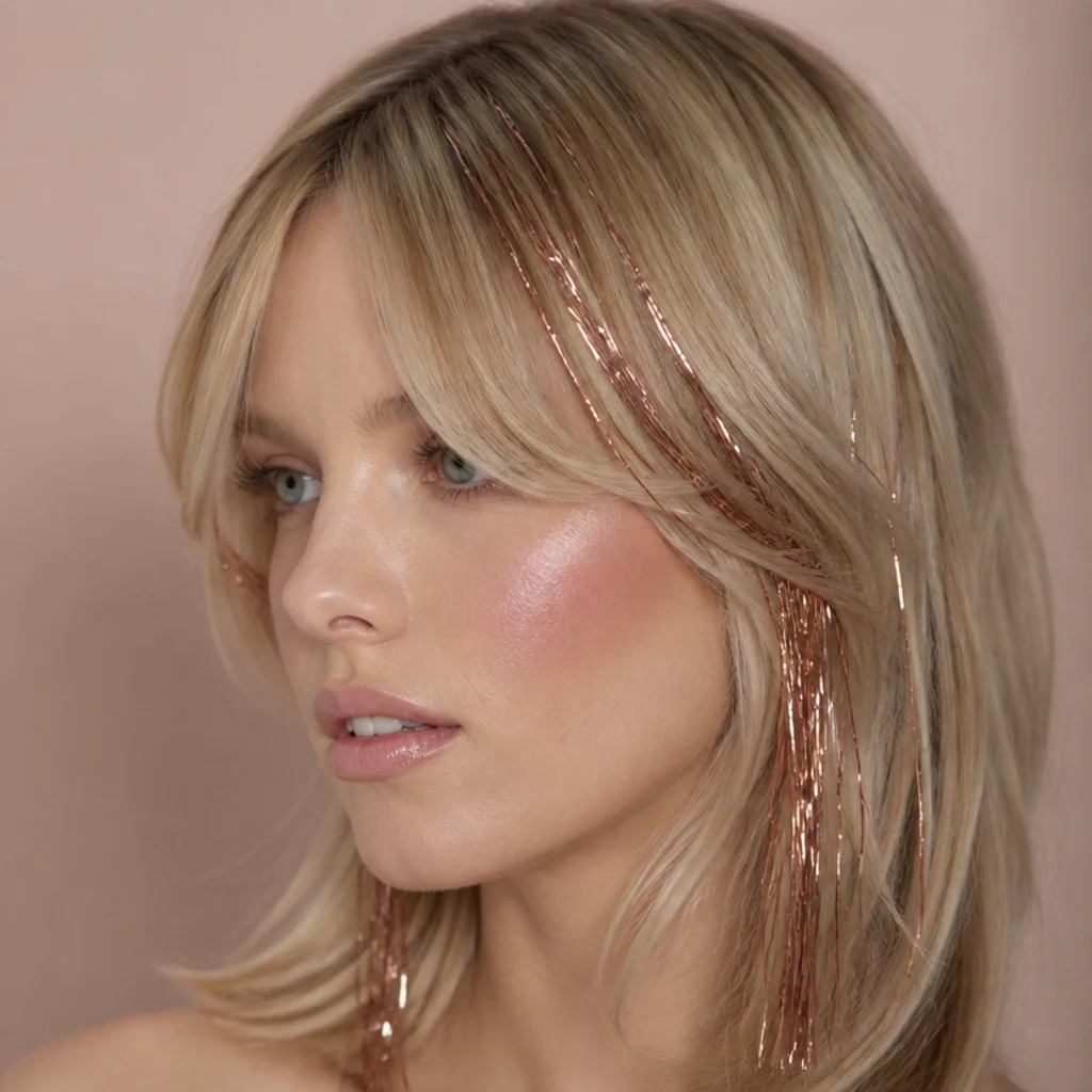 Blonde model with rose-gold tinsel strands framing the face along a curtain fringe, soft side angle
